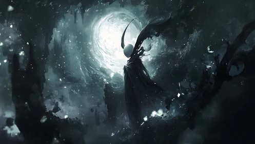 Void-cloaked wraith ascending before a blinding abyssal moon.