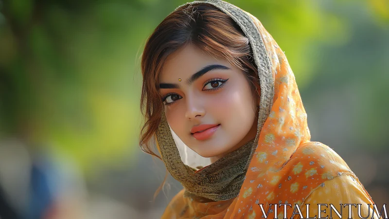 Sunlit saffron scarf cradles a softly luminous portrait