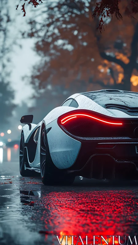 White supercar on wet city street with red tail lights.
