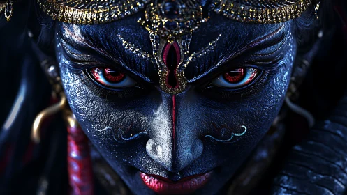 Midnight deity stares through jeweled fire and shadow