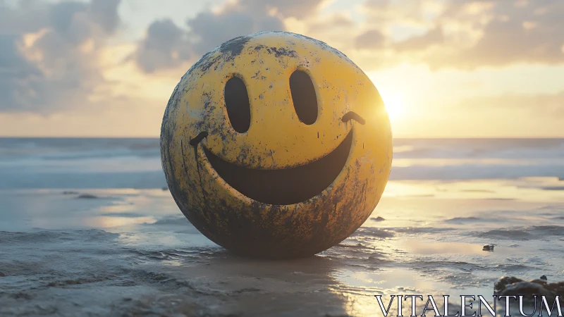 Weathered yellow smiley sphere rendered on wet reflective beach