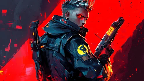 Cybernetic soldier holds pistol against intense red backdrop