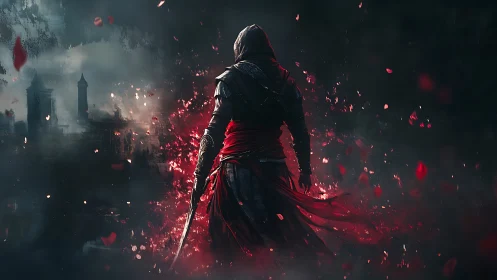 Hooded warrior with sword amid red embers at night.