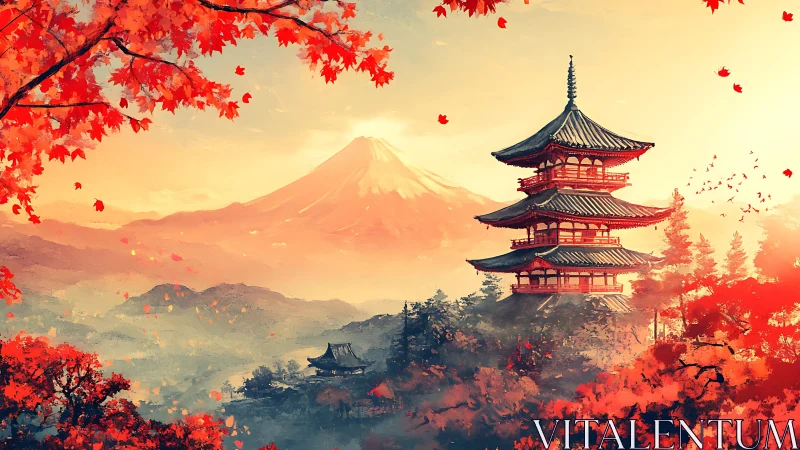 Digital painting of autumn pagoda with distant mountain vista.