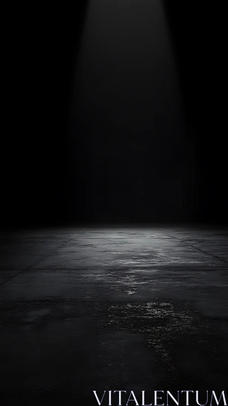 Focused overhead spotlight on wet concrete floor in darkness.