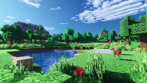 Voxel forest pond reflects bright sky in blocky landscape
