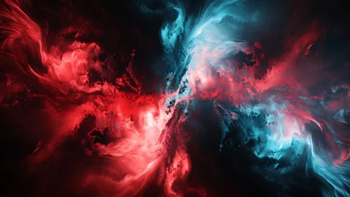 Swirling red and teal cosmic clouds in a gentle collision.