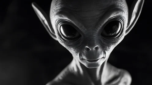 Monochrome close-up rendering isolates an alien&rsquo;s sculpted visage