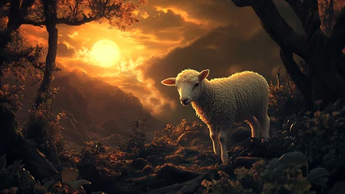 Gentle lamb wandering through a glowing sunset forest path.