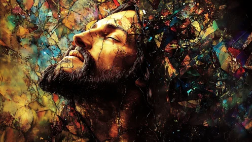 Luminous bearded portrait within fractured stained glass shards.
