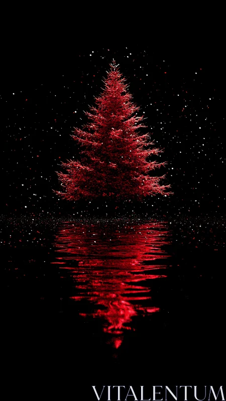 Crimson midnight Christmas tree mirrored on dark water.