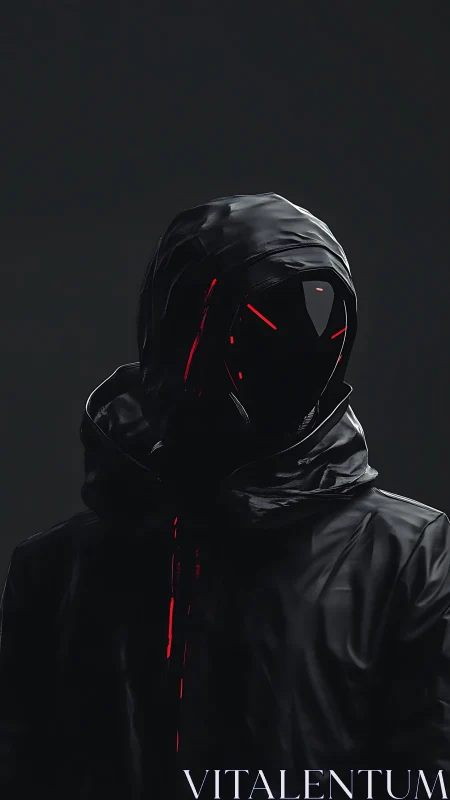 Hooded cyber figure in black jacket with red visor lights