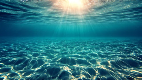 Photorealistic undersea vista with refracted sunlight patterns.