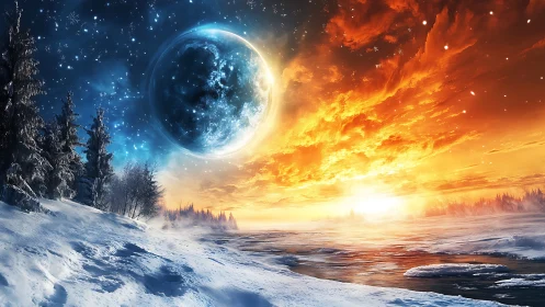 Frozen horizon splits between fiery dawn and cosmic night.