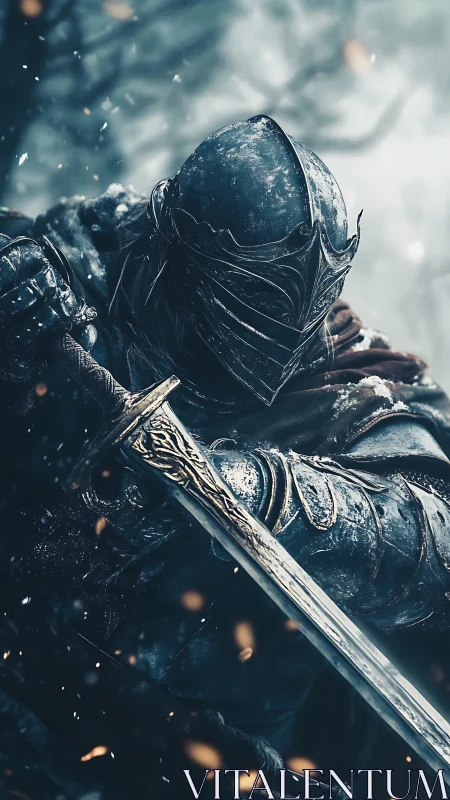 Armored knight in frostbitten battle stance with embers rising