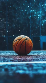 Lone basketball on wet court under dramatic blue rainlight.