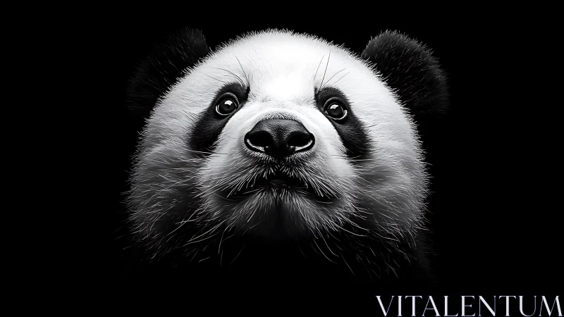 Gentle panda portrait glowing softly against night black.