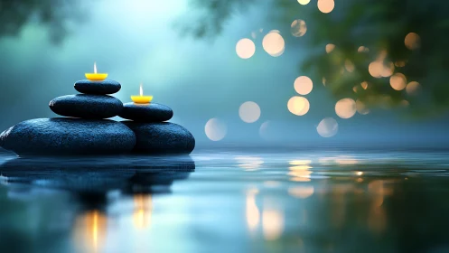 Zen stones and candlelight glow over tranquil blue water.