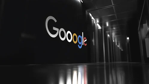 Low-key corporate corridor with illuminated Google wall logo.