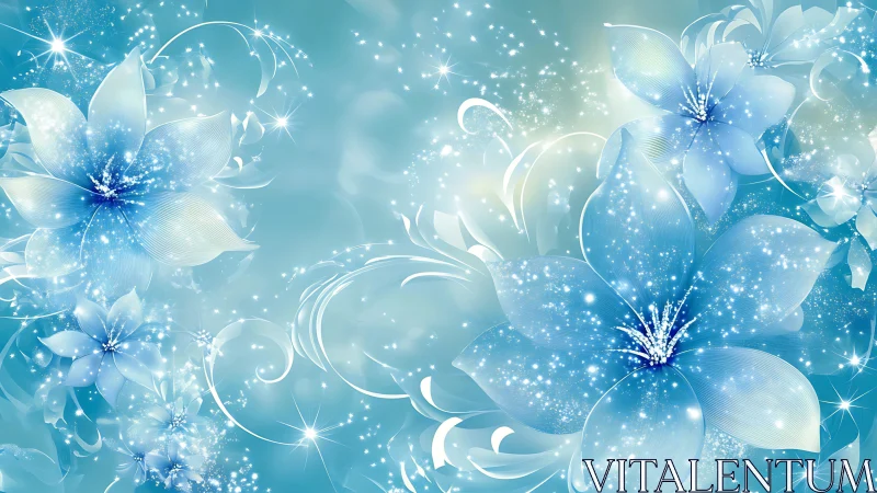 Luminous Blue Flowers Dance in Sparkling Light and Magic