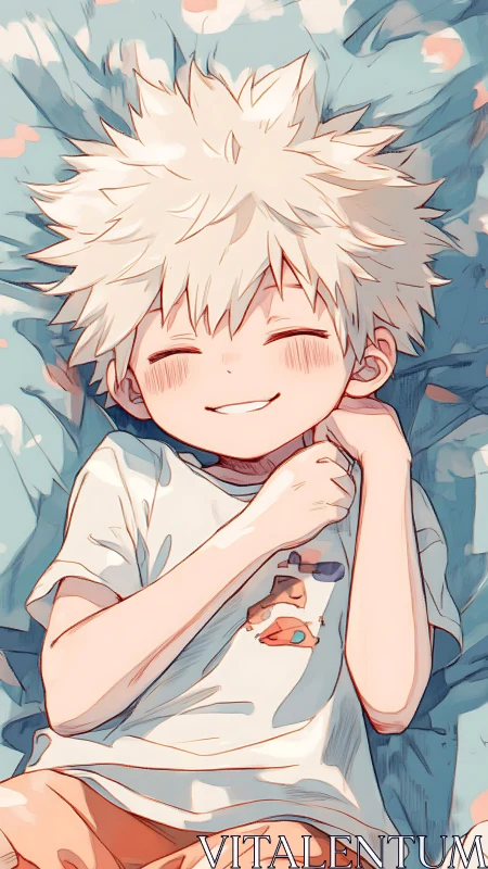 Smiling child on teal bedding in soft anime cel shading.