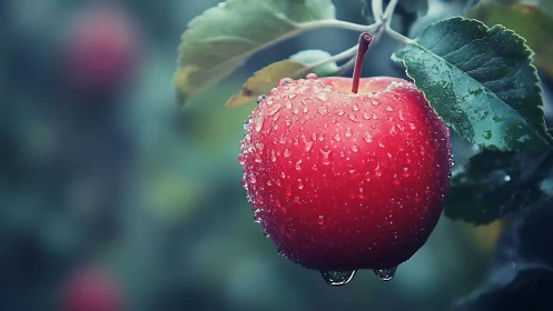 Dew-covered red apple in shallow depth-of-field orchard study.