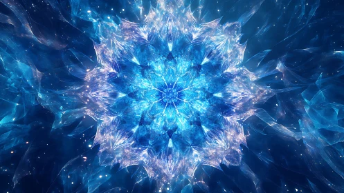 Shimmering cosmic snowflake glowing in deep sapphire light.