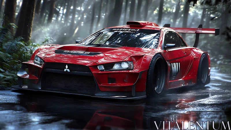 Aerodynamic widebody Mitsubishi race car rendered in wet forest