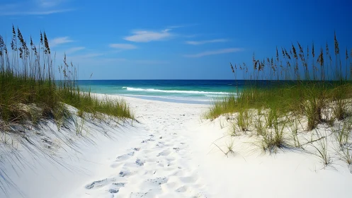 Footprints drift softly toward a turquoise horizon of calm