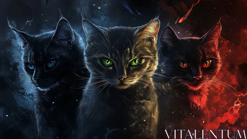 Three Mystical Cats with Glowing Eyes.