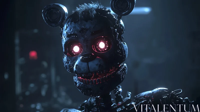 Mechanical bear animatronic head is illuminated in dim light