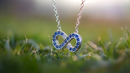 Blue crystal infinity pendant rests over soft grass field.