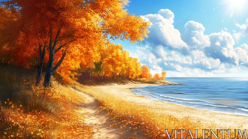 Autumn shoreline landscape applies warm foliage contrast to bright sea