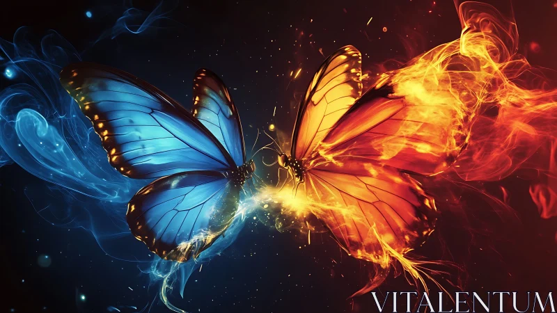 Dual colored butterflies with smoke and fire effects in motion.