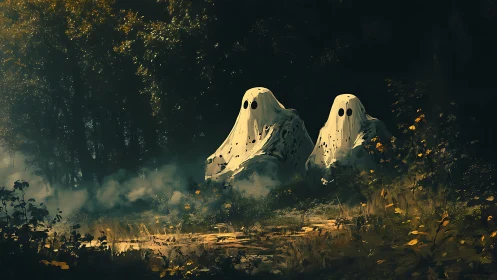 Softly glowing forest phantoms sharing a twilight secret.