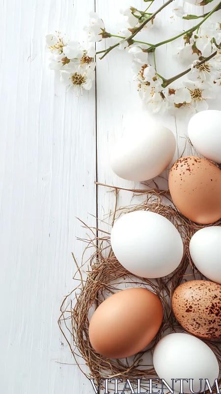 Brown and white eggs in nests on white wooden table.