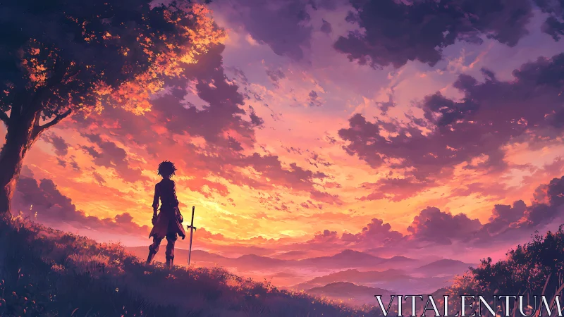 Lone swordsman watching vivid sunset over distant hills.