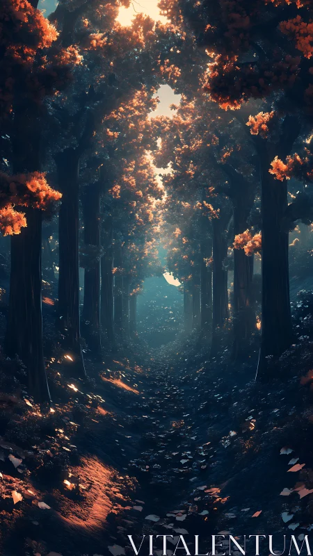 Forest pathway illuminated by golden canopy light.