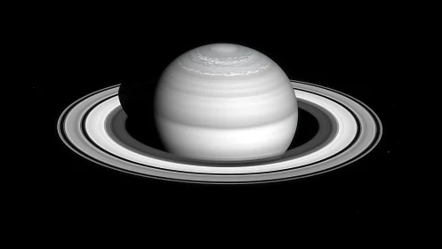 Saturn in stark monochrome with sharply defined icy rings.