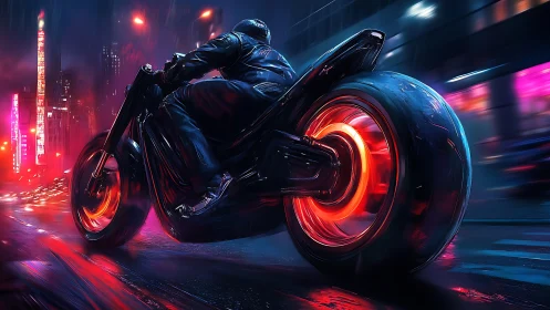 High-speed neon motorcycle with glowing hubless wheels in rain