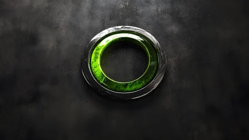 Futuristic Green Metallic Ring on Dark Textured Background.