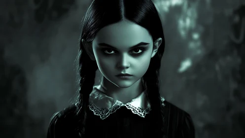 Moody girl with braids in shadowy gothic portrait.