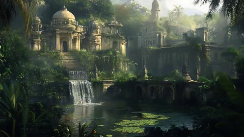 Lost jungle temple city with waterfalls and overgrown ruins.