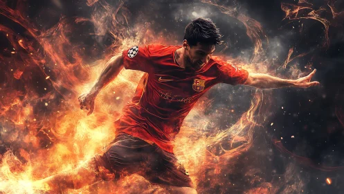 Dynamic digital art of fiery soccer forward in motion.