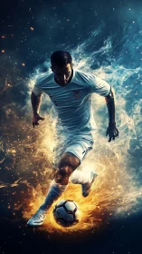 Dynamic soccer player rendered in high-impact digital flames