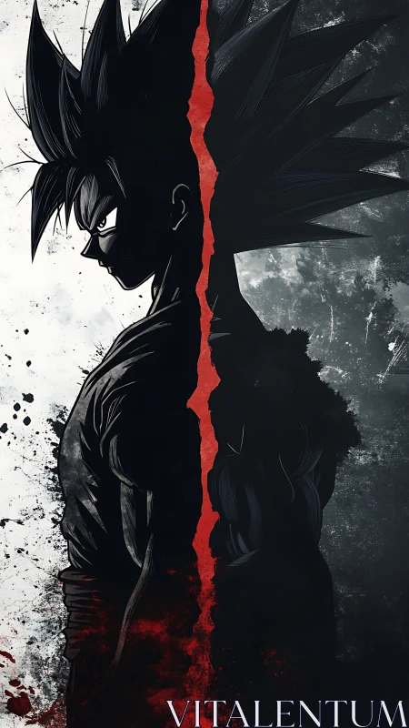 Split monochrome anime figure with central red divide.