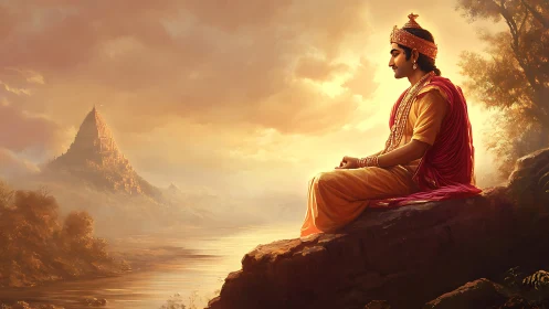 Serene riverbank meditation with a golden evening glow.