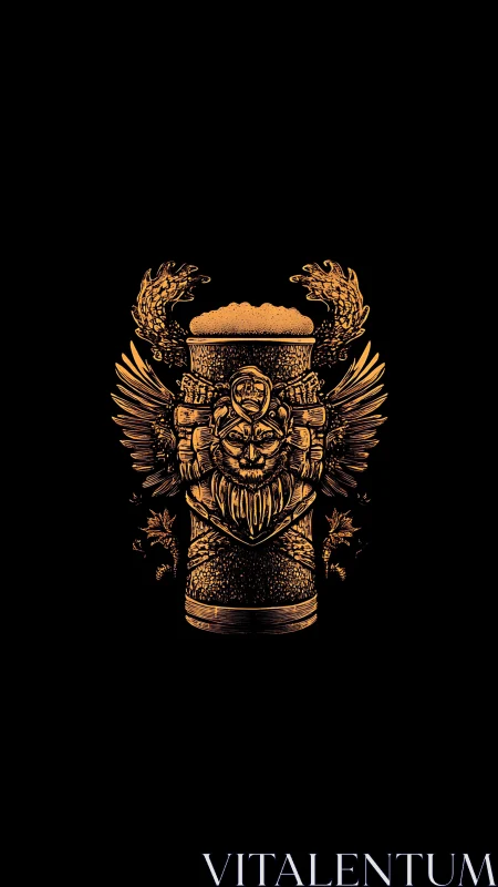 Ornate lion beer glass crest with wings and hops engraving