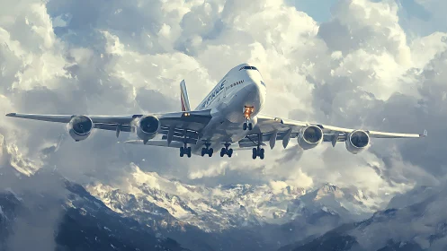 Passenger jet descends through storm-lit clouds above peaks