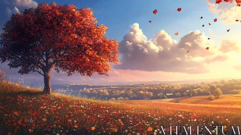 Digital painting of autumn tree on flowered hillside at sunset.